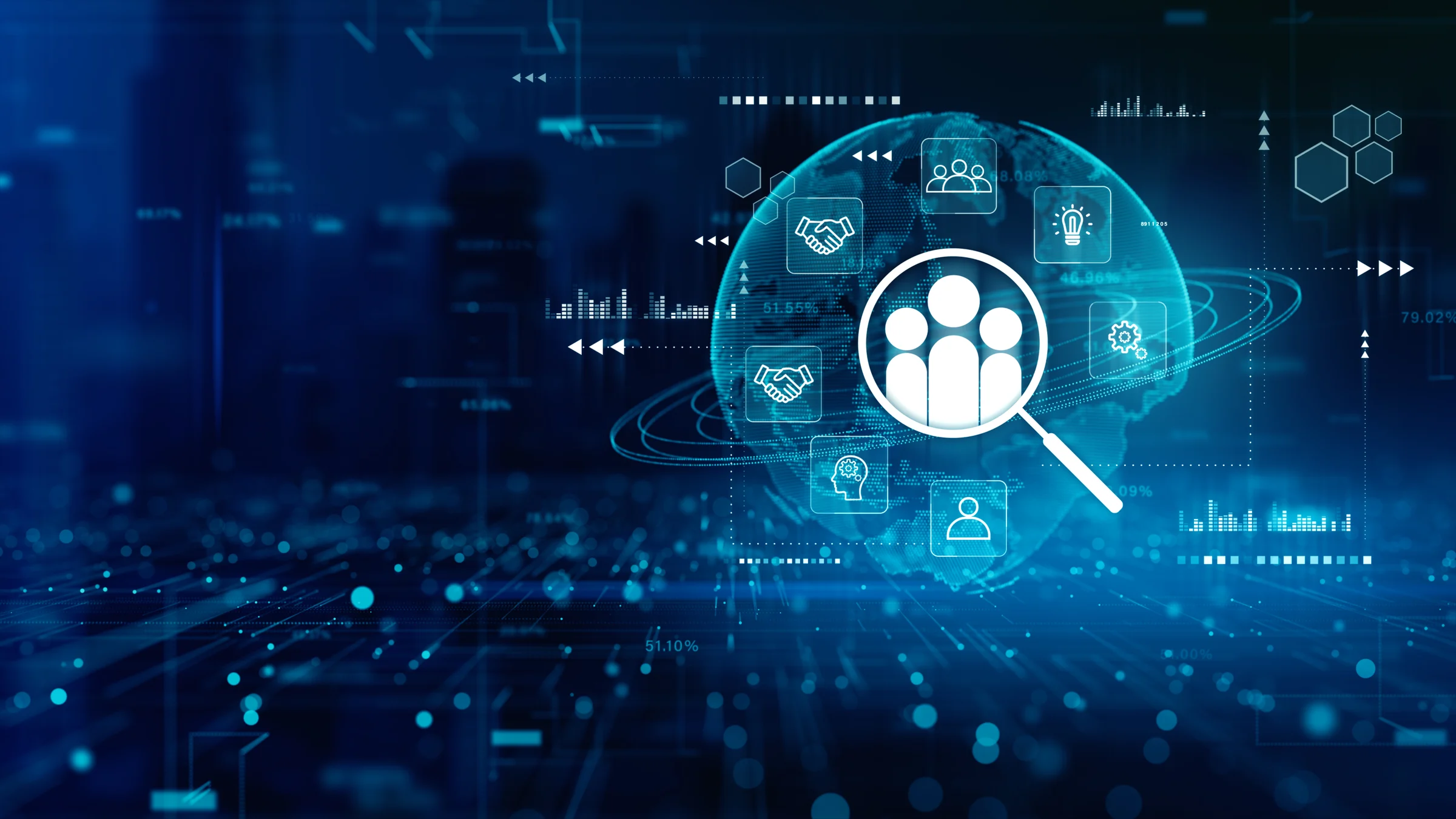 Human resources analytics and recruitment concept with global network, digital icons, and data interface for modern workforce solutions. 3d Rendering